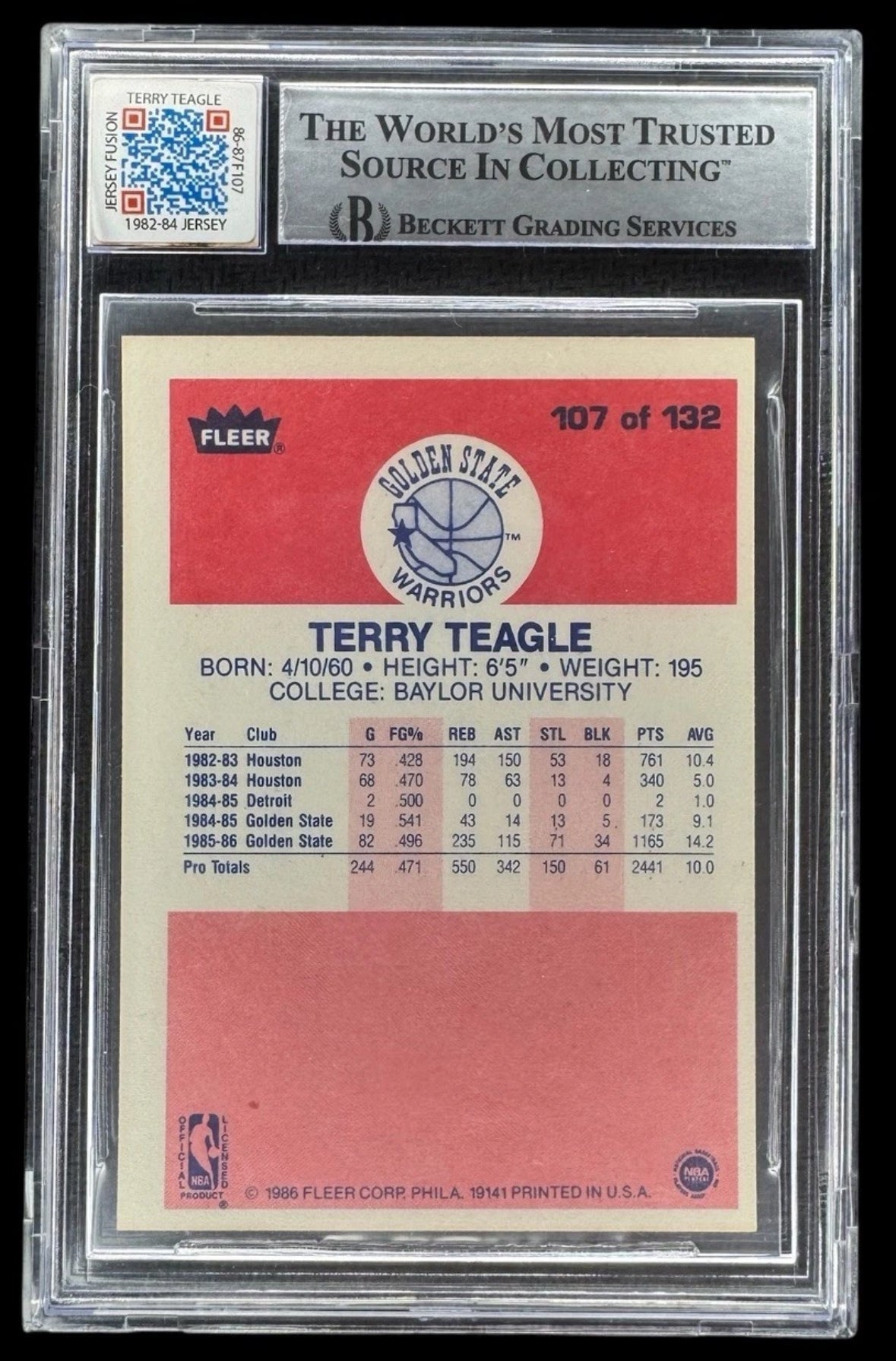1986-87 Fleer Jersey Fusion - Terry Teagle #107 - Authentic Auto (Beckett 10)