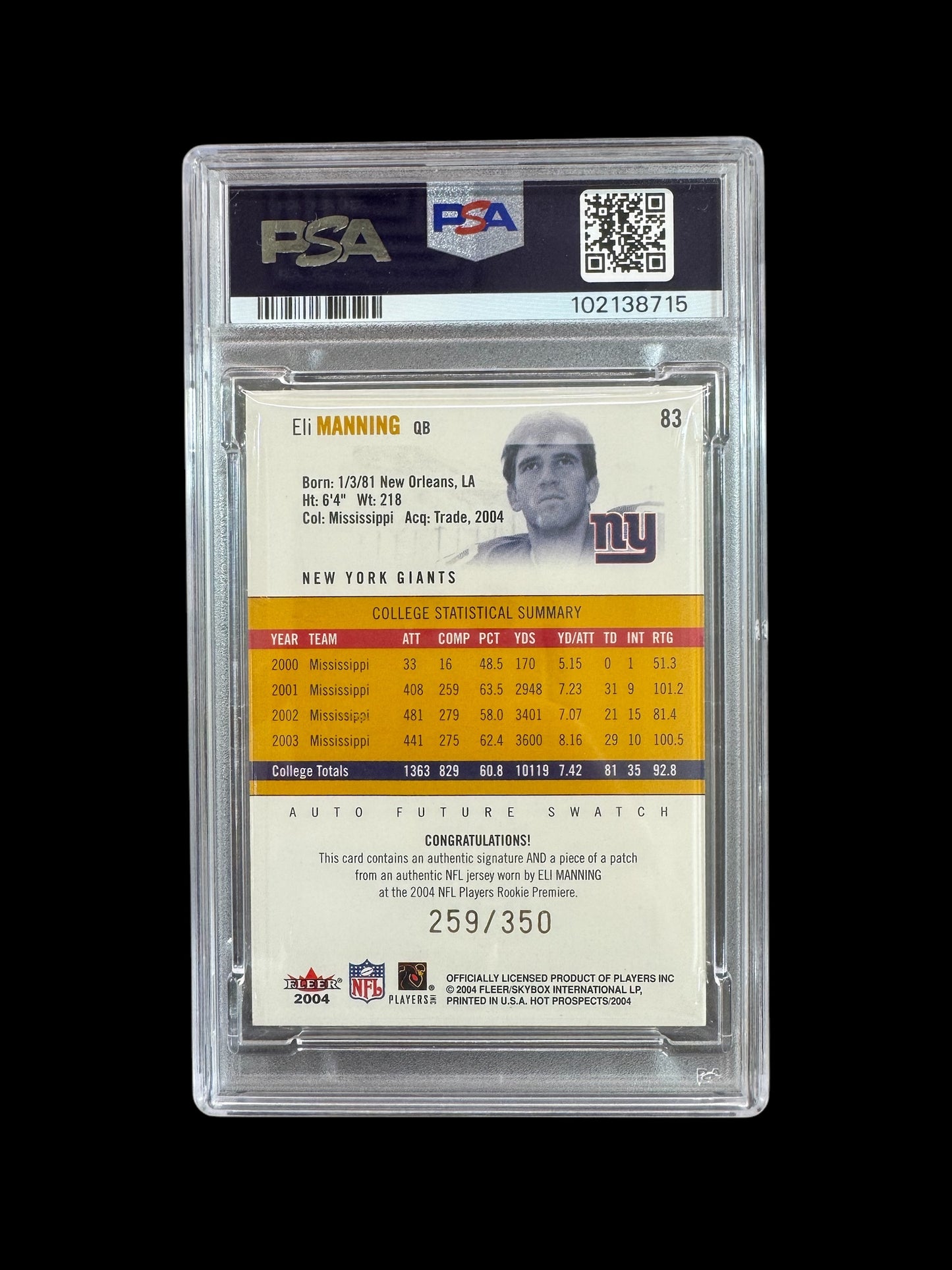 2004 Fleer Hot Prospects ELi Manning RC Patch AUTO #/350 PSA 9 MINT