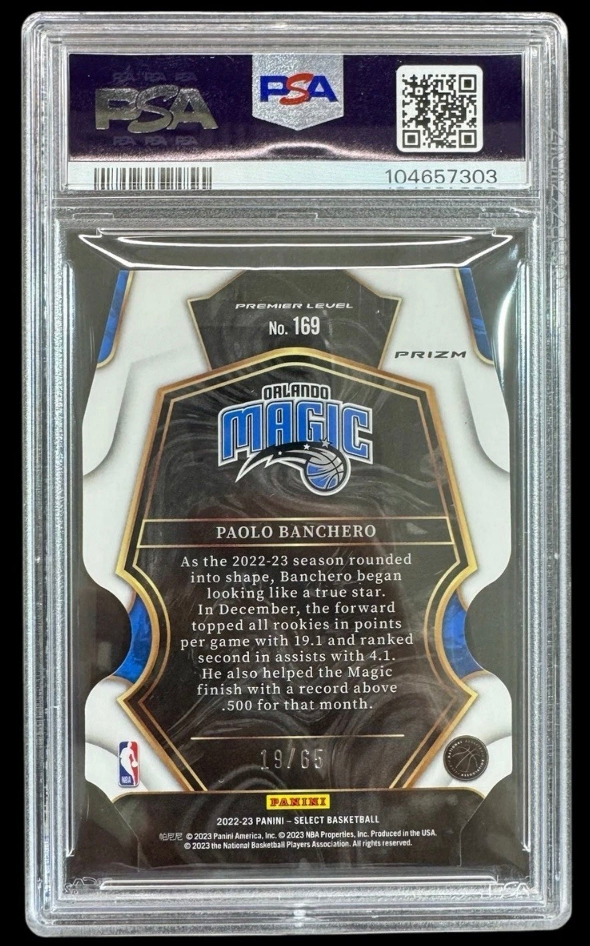2022 Select Premier Level Orange Prizm Paolo Banchero #/65 PSA 10 GEM Rookie RC