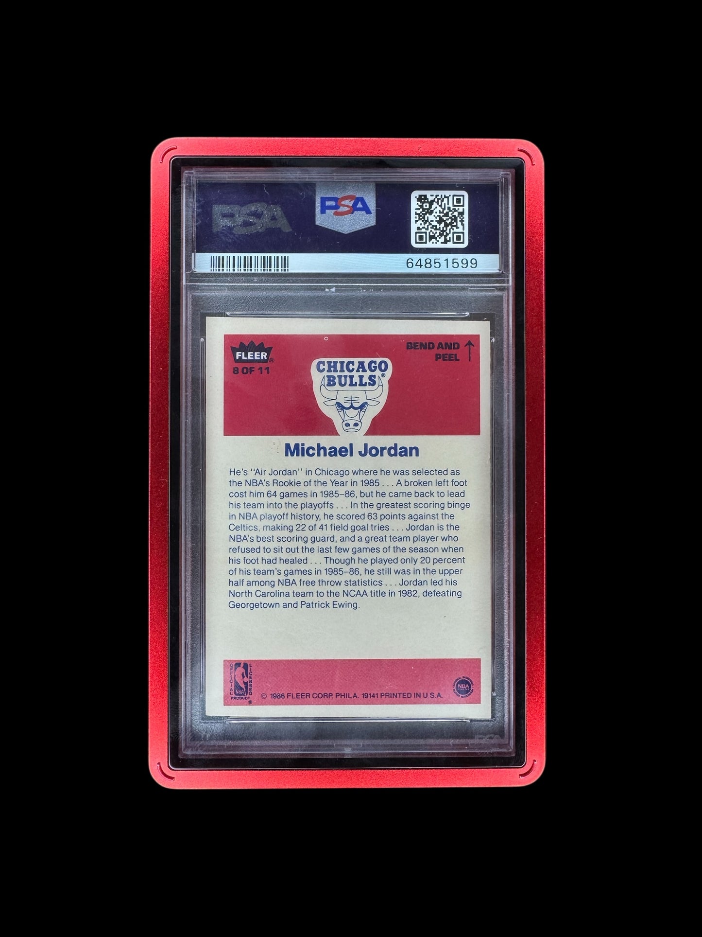 1986 Fleer Sticker Michael Jordan RC PSA 8 Chicago Bulls Rookie Case Included