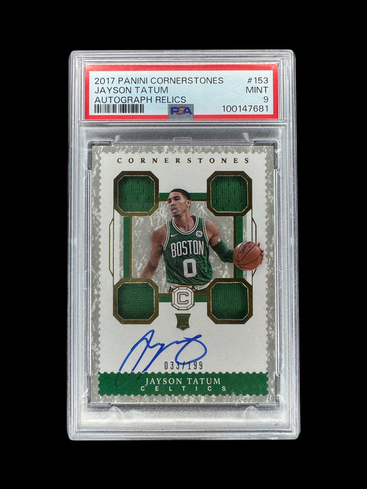 2017 PANINI CORNERSTONES JAYSON TATUM CELTICS QUAD ROOKIE PATCH AUTO #/199 PSA 9