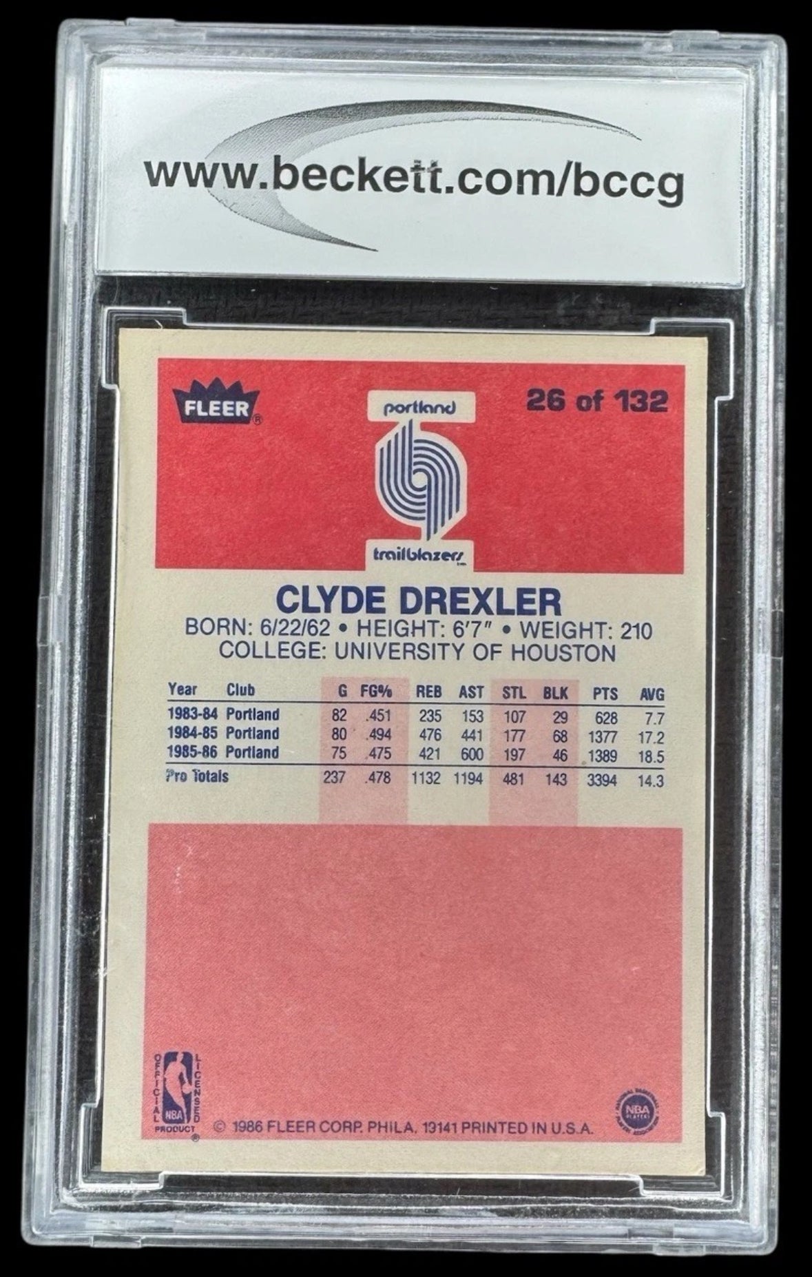 1986-87 Fleer Clyde Drexler Rookie BCCG 8 - Blazers Rockets Champ HOF