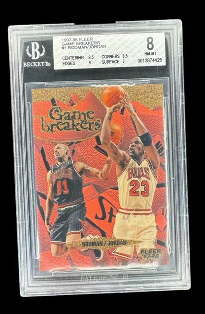 MICHAEL JORDAN DENNIS RODMAN 1997/98 FLEER #1 GAME BREAKERS BULLS SP BGS 8 NM-MT