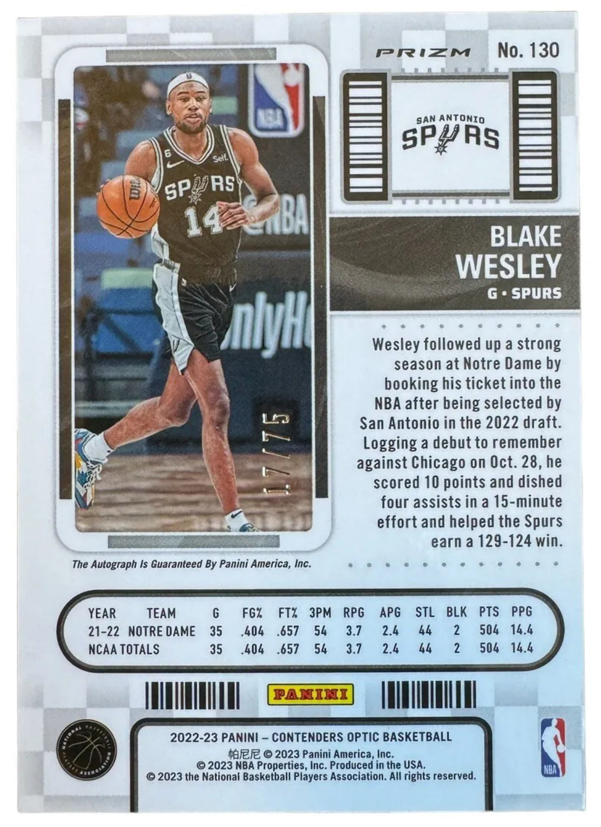 2022-23 Panini Contenders Optic Blake Wesley Rookie Ticket /75 *On Card Auto*