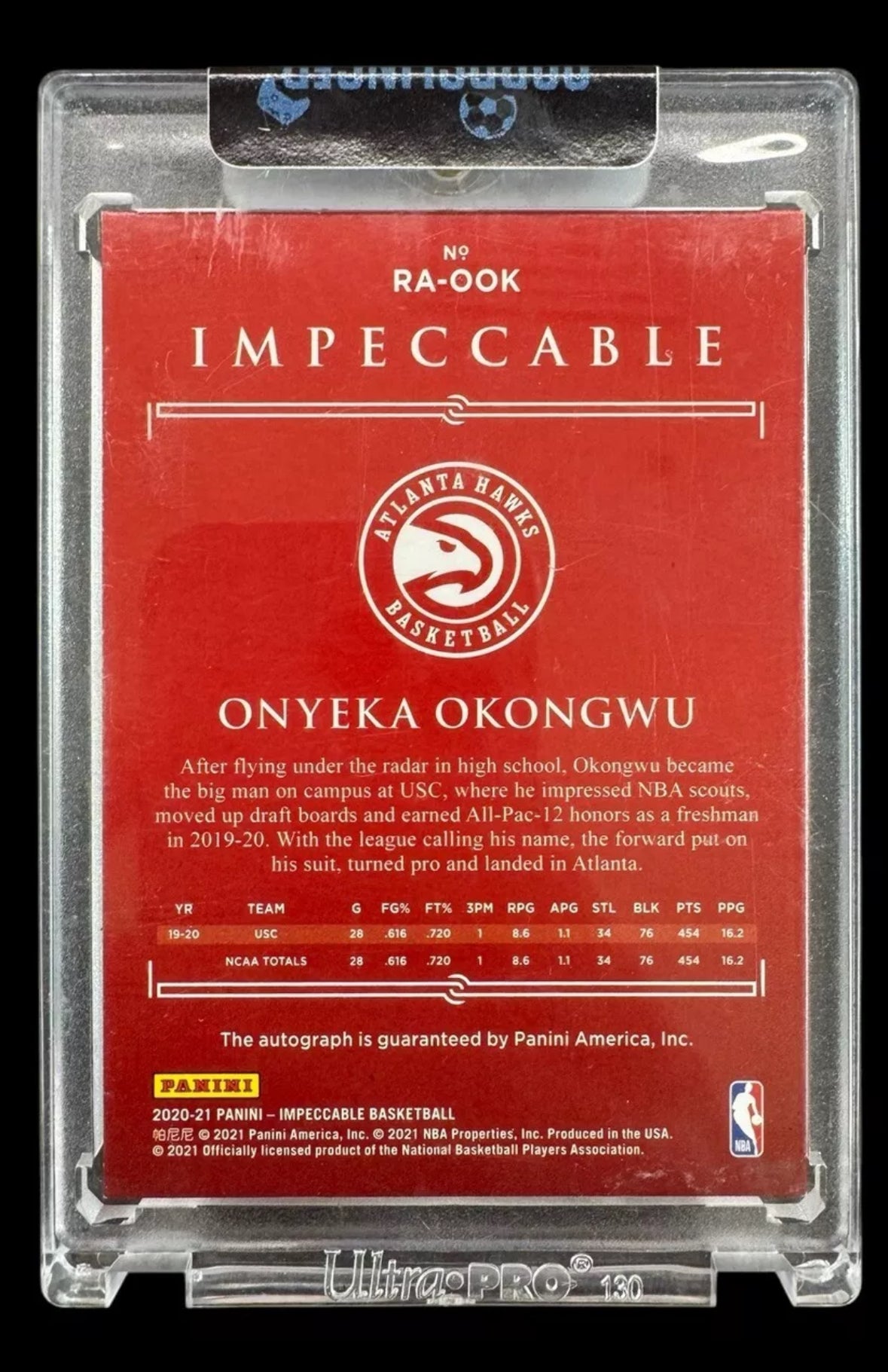 2020-21 Panini Impeccable Rookie Auto Gold /10 Onyeka Okongwu #RA-OOK Auto RC