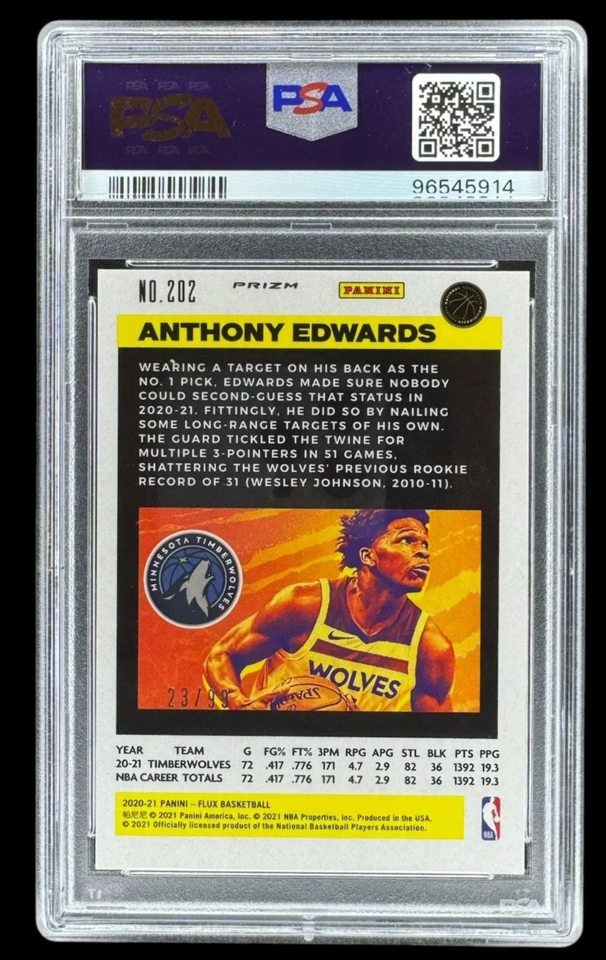 2020 Panini Flux Anthony Edwards /99 Blue Rookie Card! PSA 10